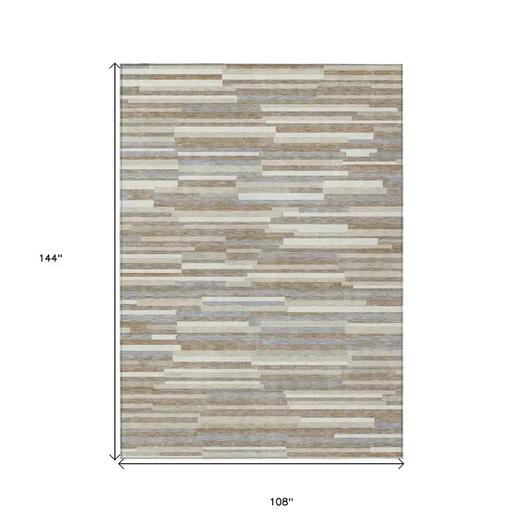 9' X 12' Taupe Gray And Ivory Striped Washable Indoor Outdoor Area Rug