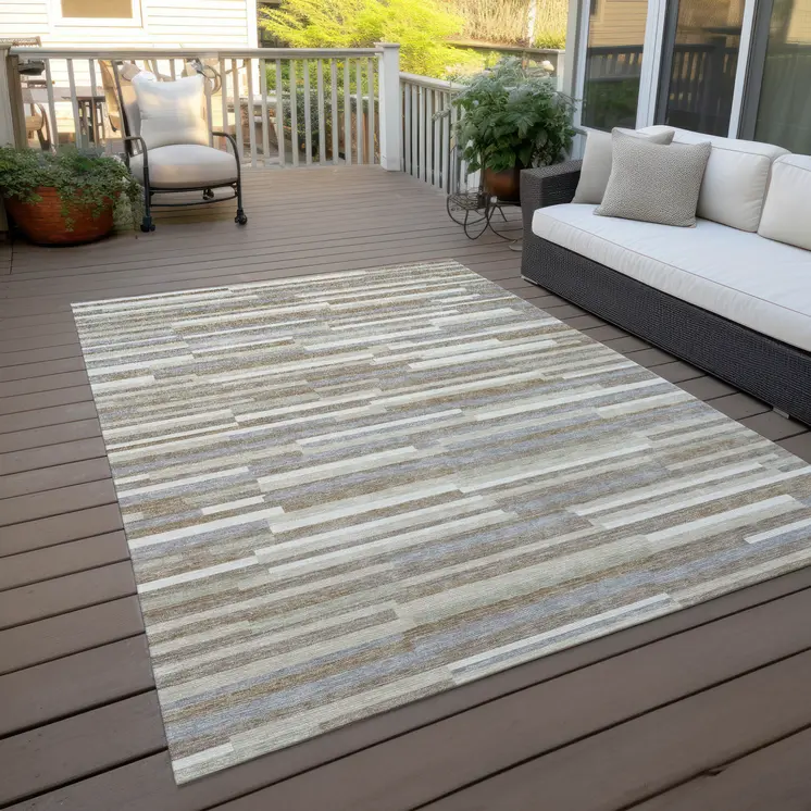 9' X 12' Taupe Gray And Ivory Striped Washable Indoor Outdoor Area Rug