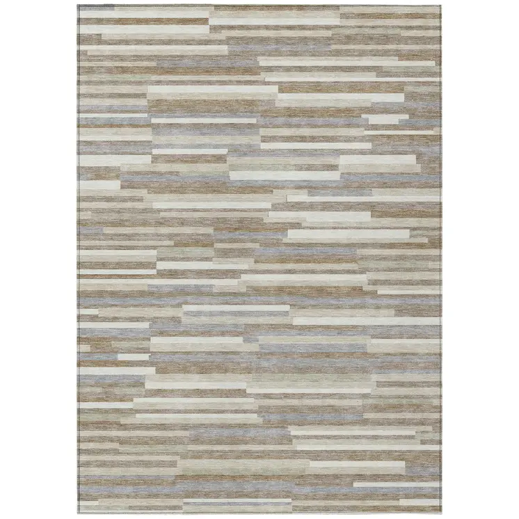 9' X 12' Taupe Gray And Ivory Striped Washable Indoor Outdoor Area Rug
