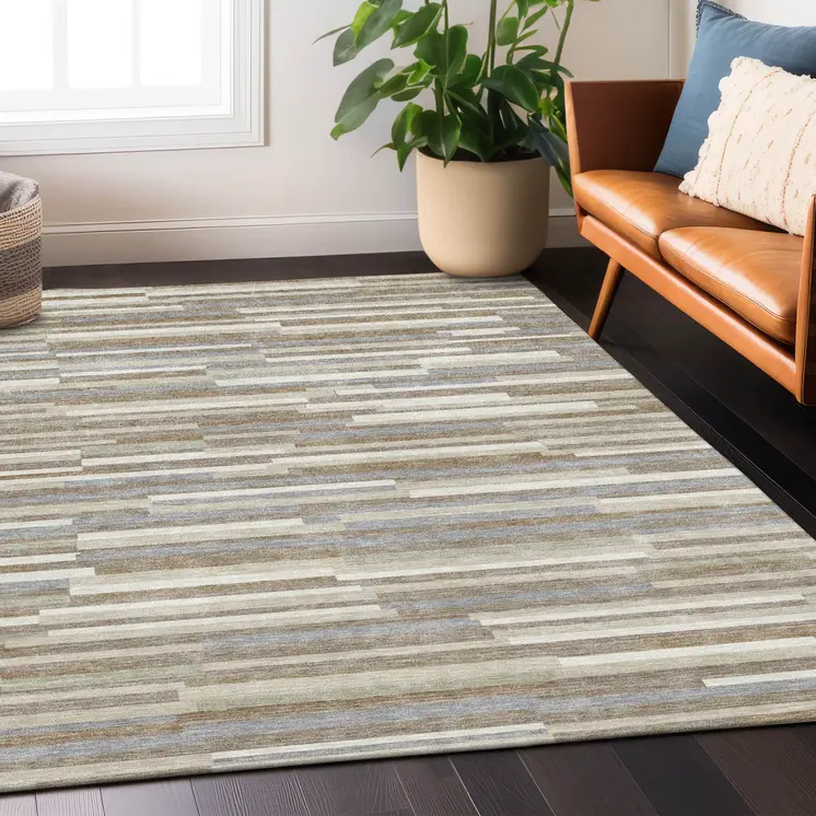 9' X 12' Taupe Gray And Ivory Striped Washable Indoor Outdoor Area Rug