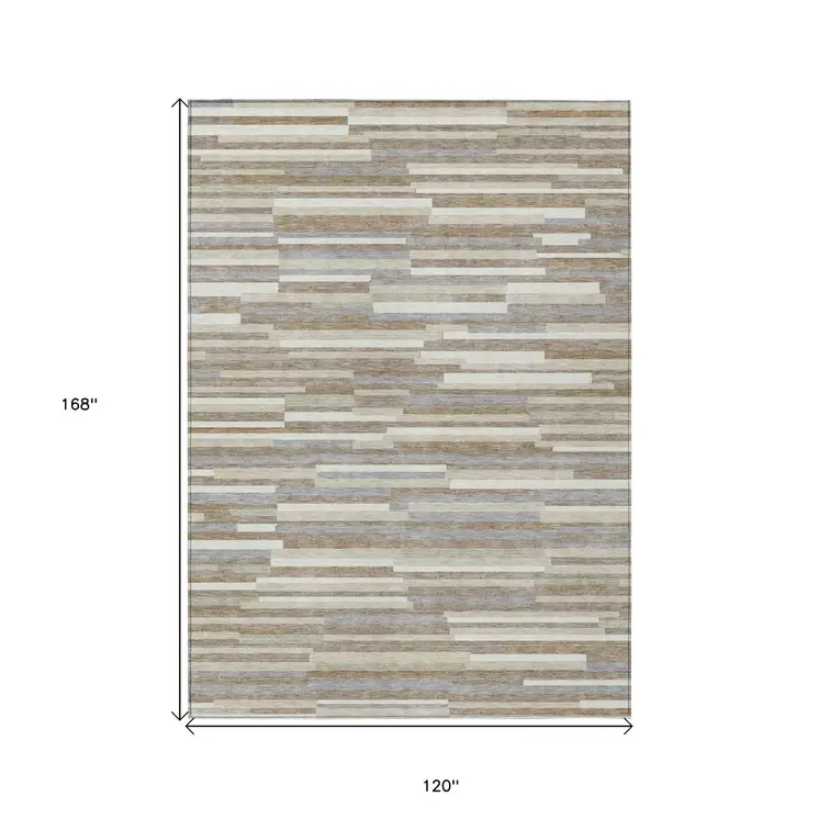 10' X 14' Taupe Gray And Ivory Striped Washable Indoor Outdoor Area Rug
