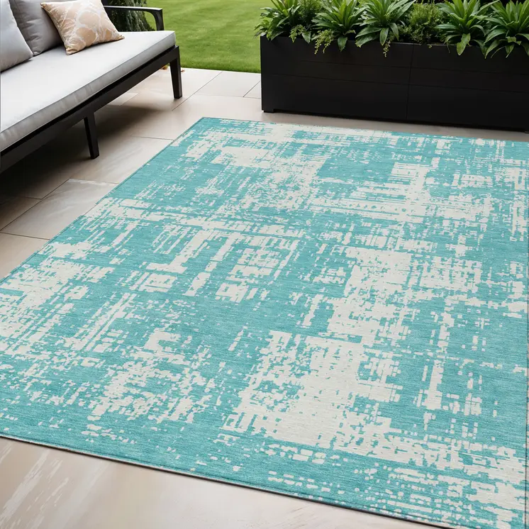 5' X 8' Aqua And Ivory Abstract Washable Indoor Outdoor Area Rug