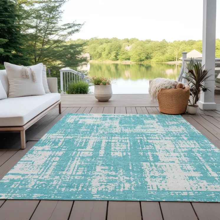 5' X 8' Aqua And Ivory Abstract Washable Indoor Outdoor Area Rug