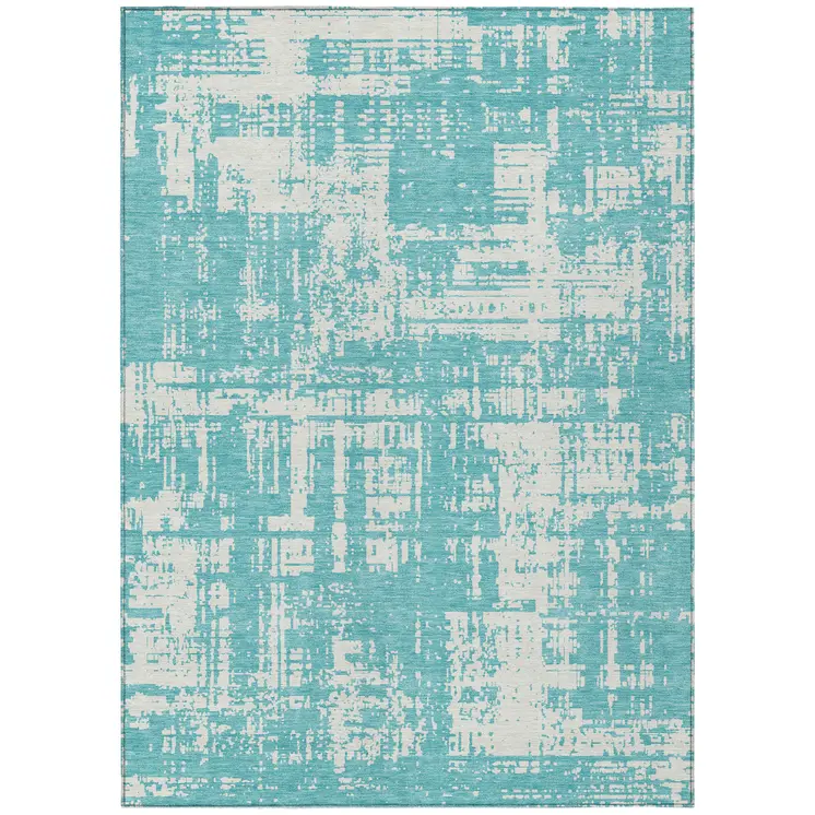 5' X 8' Aqua And Ivory Abstract Washable Indoor Outdoor Area Rug