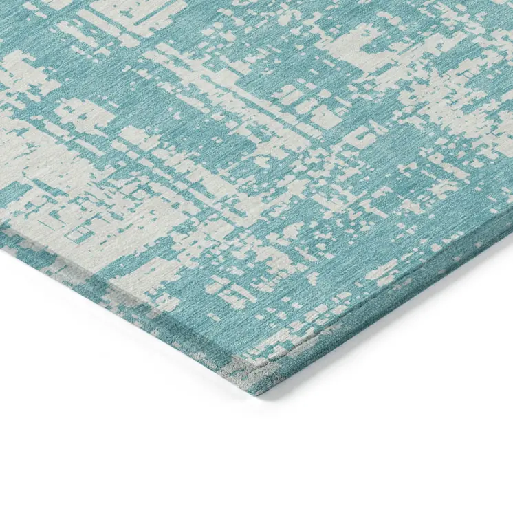 5' X 8' Aqua And Ivory Abstract Washable Indoor Outdoor Area Rug