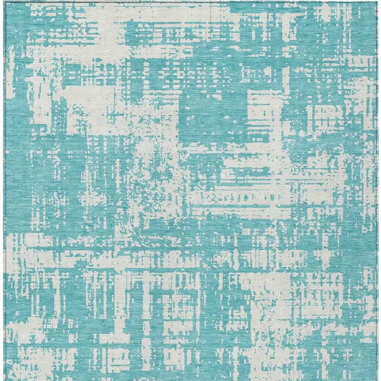 5' X 8' Aqua And Ivory Abstract Washable Indoor Outdoor Area Rug