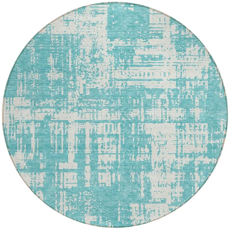 8' Aqua And Ivory Round Abstract Washable Indoor Outdoor Area Rug