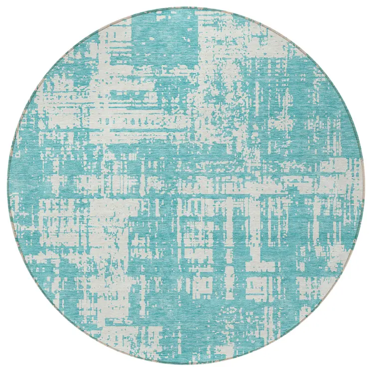 8' Aqua And Ivory Round Abstract Washable Indoor Outdoor Area Rug