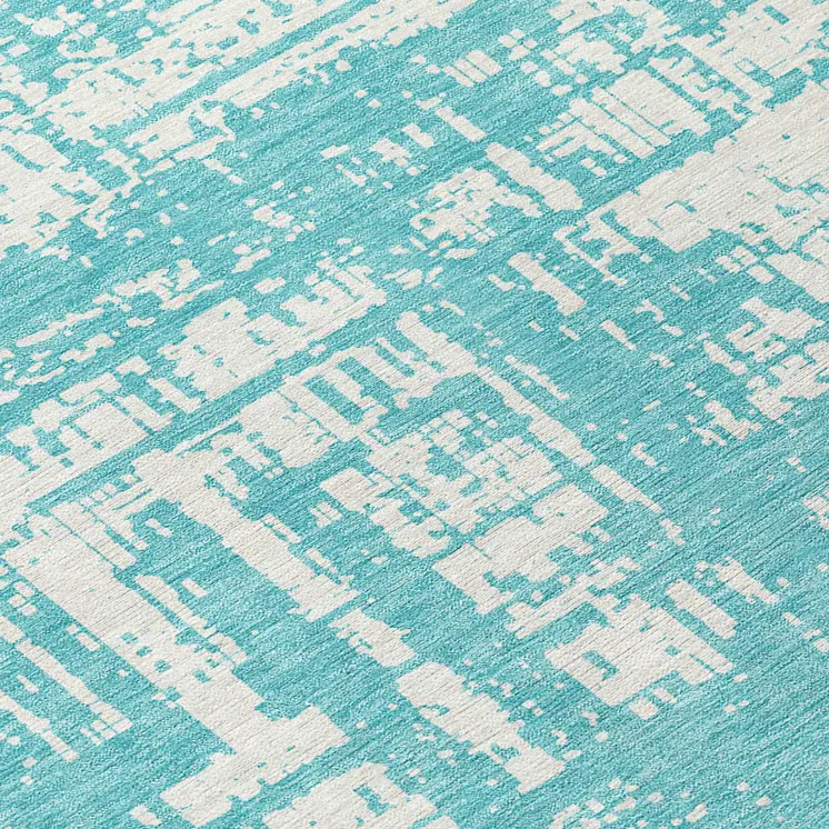 8' Aqua And Ivory Round Abstract Washable Indoor Outdoor Area Rug