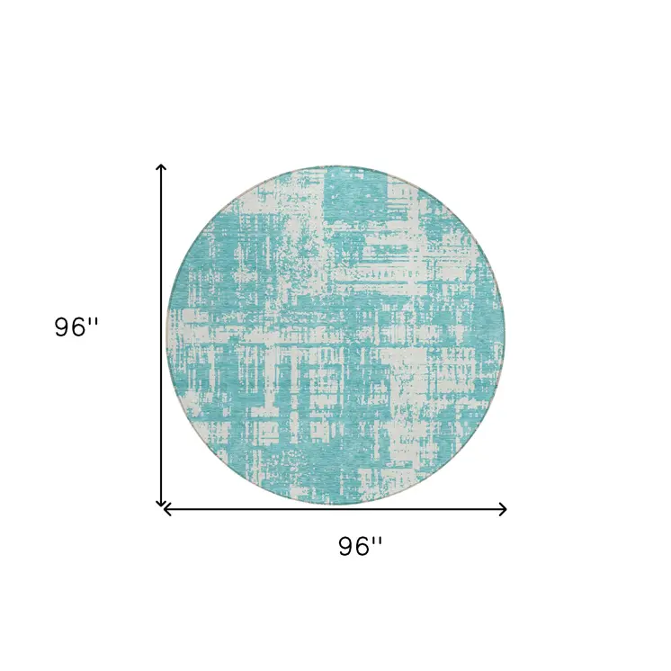 8' Aqua And Ivory Round Abstract Washable Indoor Outdoor Area Rug