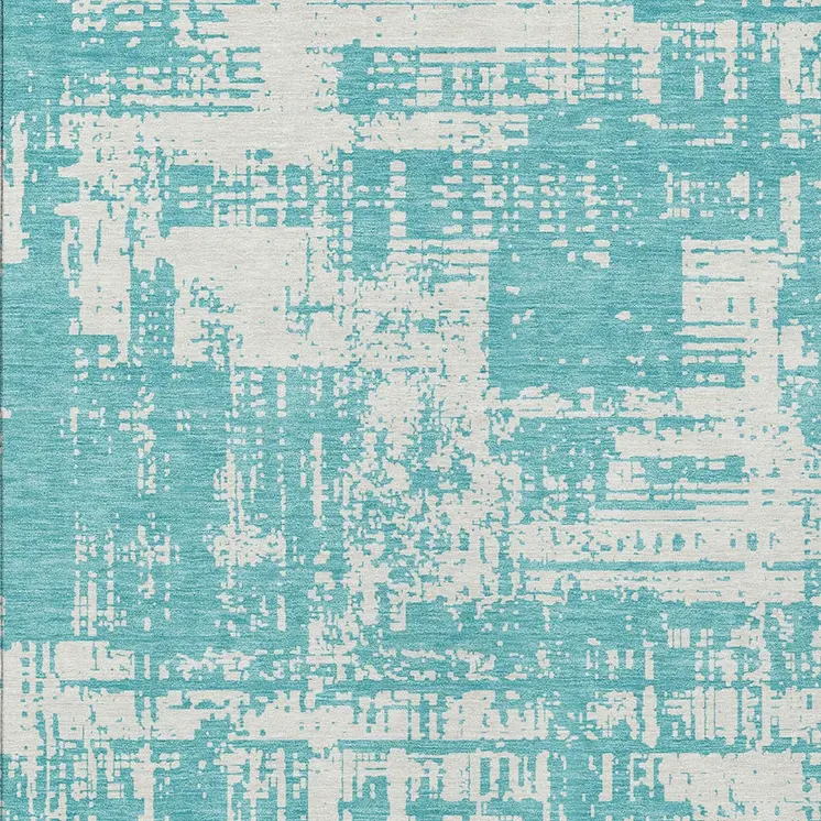8' X 10' Aqua And Ivory Abstract Washable Indoor Outdoor Area Rug
