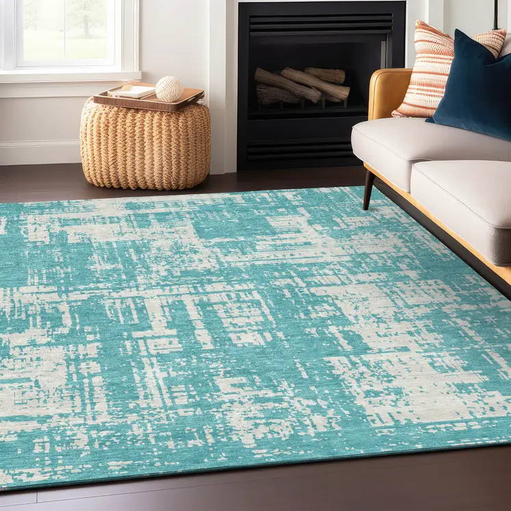 9' X 12' Aqua And Ivory Abstract Washable Indoor Outdoor Area Rug