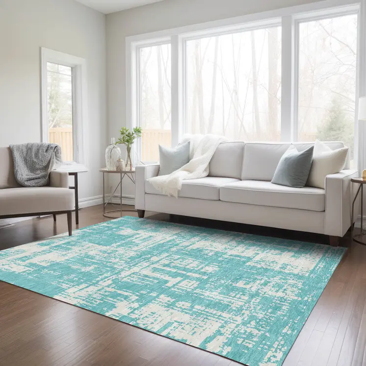 9' X 12' Aqua And Ivory Abstract Washable Indoor Outdoor Area Rug