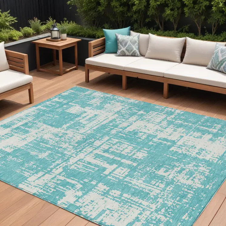 10' X 14' Aqua And Ivory Abstract Washable Indoor Outdoor Area Rug