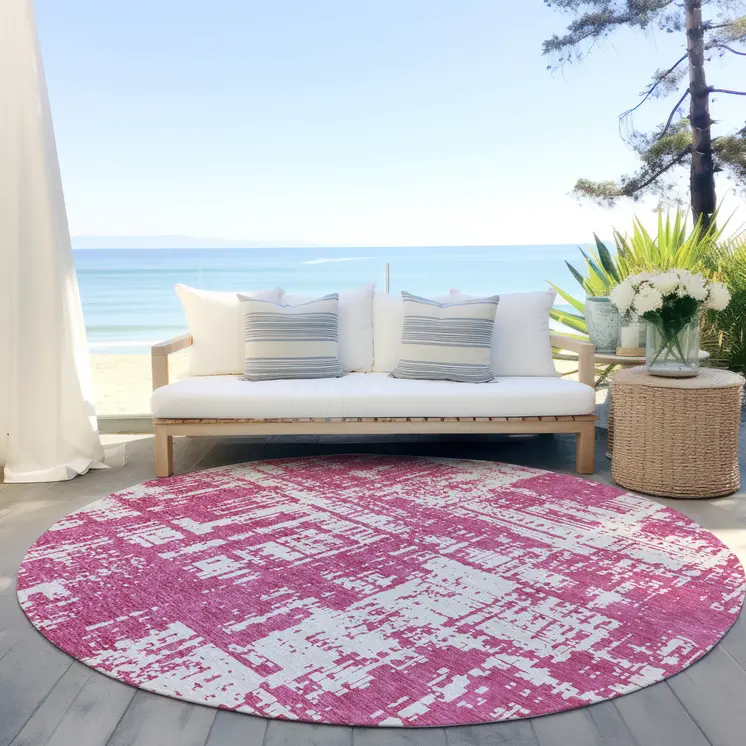 8' Blush And Ivory Round Abstract Washable Indoor Outdoor Area Rug