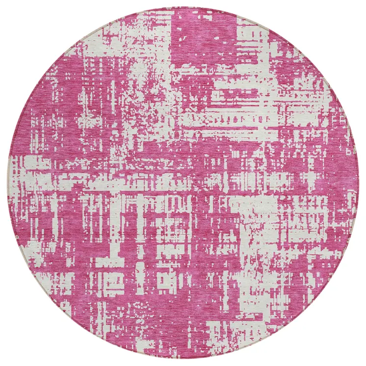 8' Blush And Ivory Round Abstract Washable Indoor Outdoor Area Rug