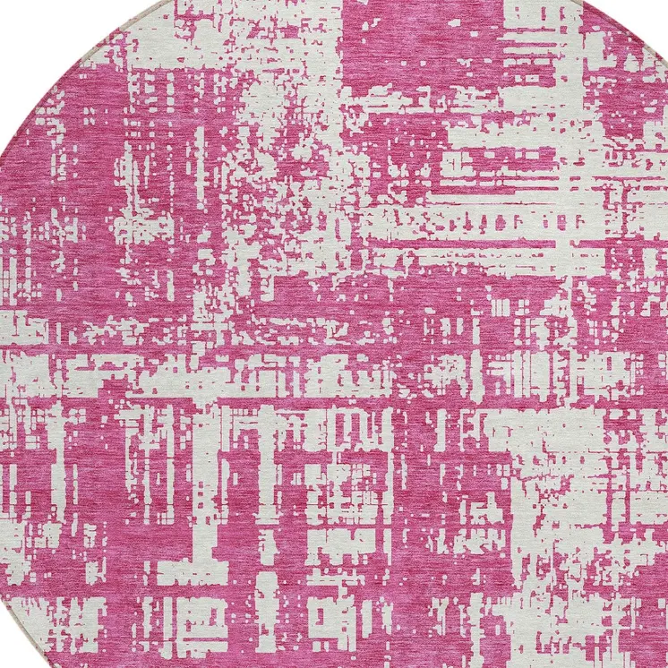 8' Blush And Ivory Round Abstract Washable Indoor Outdoor Area Rug