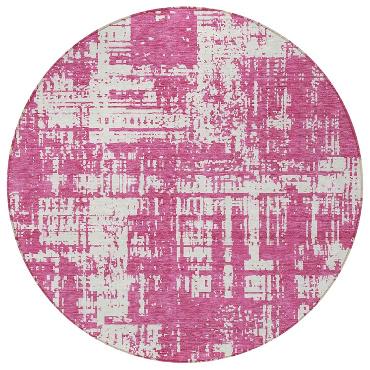 8' Blush And Ivory Round Abstract Washable Indoor Outdoor Area Rug