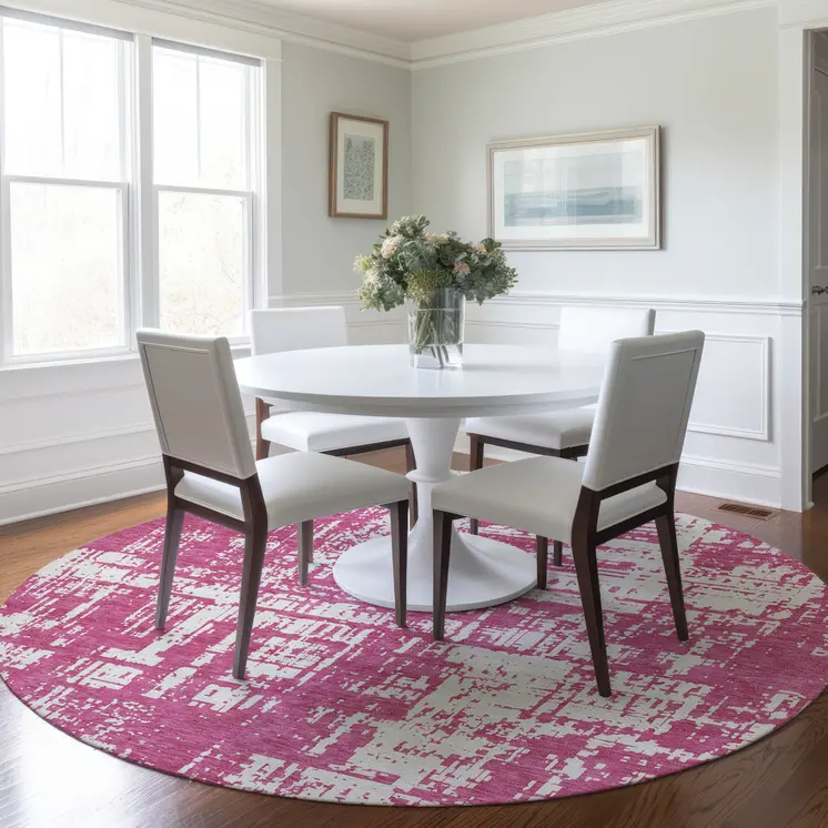 8' Blush And Ivory Round Abstract Washable Indoor Outdoor Area Rug
