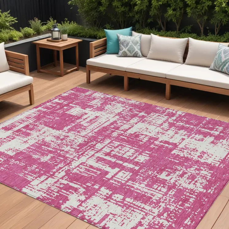 8' X 10' Blush And Ivory Abstract Washable Indoor Outdoor Area Rug