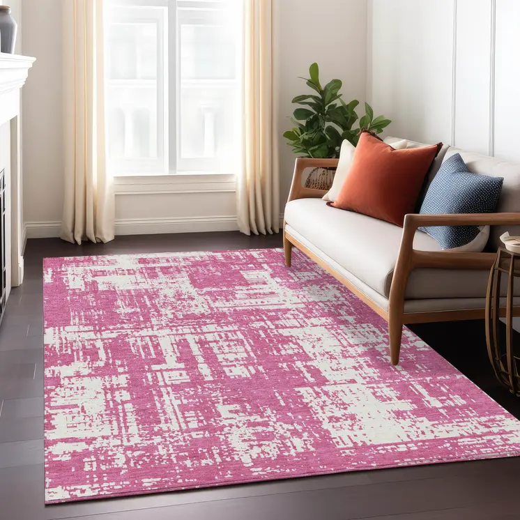 8' X 10' Blush And Ivory Abstract Washable Indoor Outdoor Area Rug