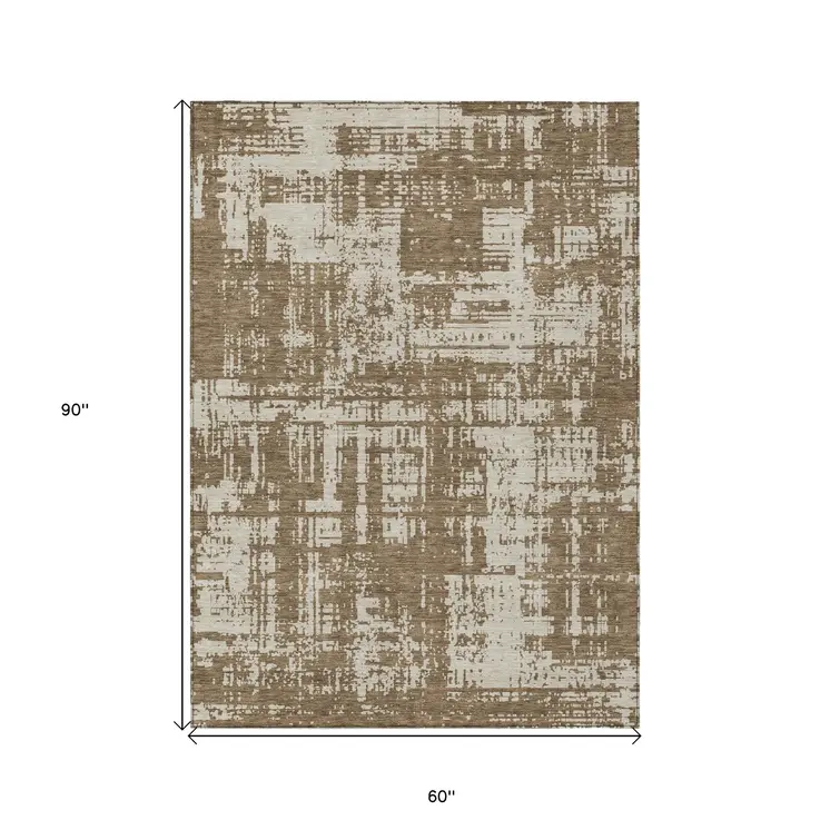 5' X 8' Brown And Beige Abstract Washable Indoor Outdoor Area Rug