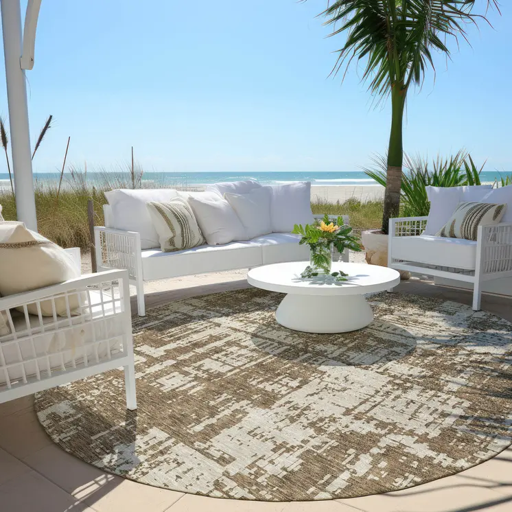 8' Brown And Beige Round Abstract Washable Indoor Outdoor Area Rug