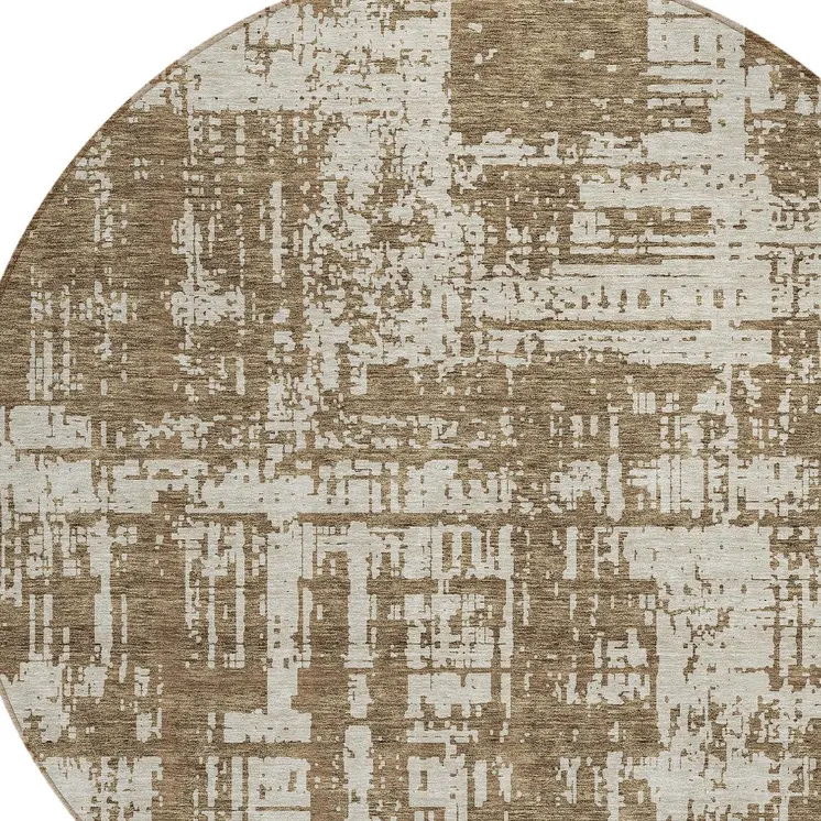 8' Brown And Beige Round Abstract Washable Indoor Outdoor Area Rug