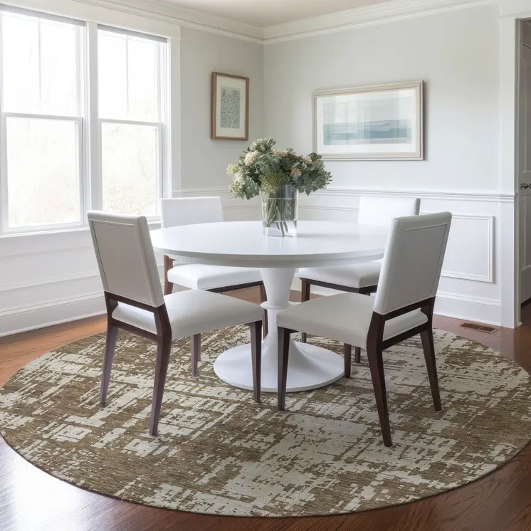 8' Brown And Beige Round Abstract Washable Indoor Outdoor Area Rug