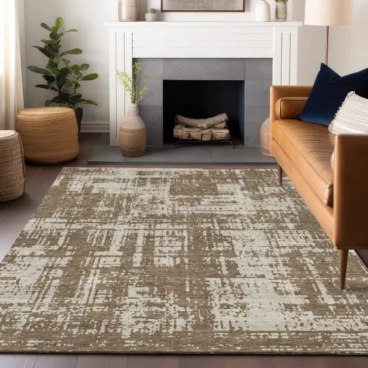 10' X 14' Brown And Beige Abstract Washable Indoor Outdoor Area Rug