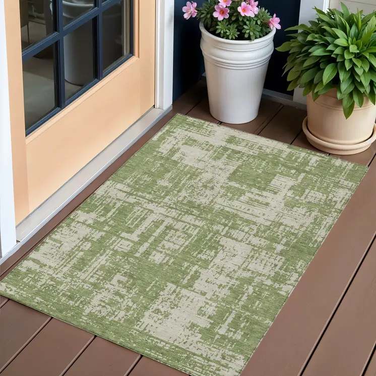 3' X 5' Green And Beige Abstract Washable Indoor Outdoor Area Rug