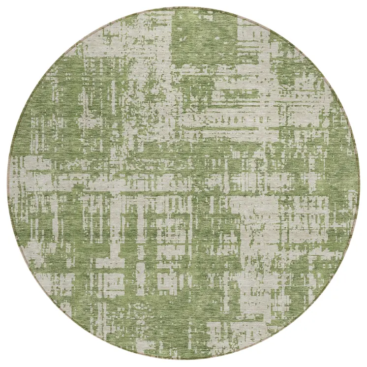 8' Green And Beige Round Abstract Washable Indoor Outdoor Area Rug
