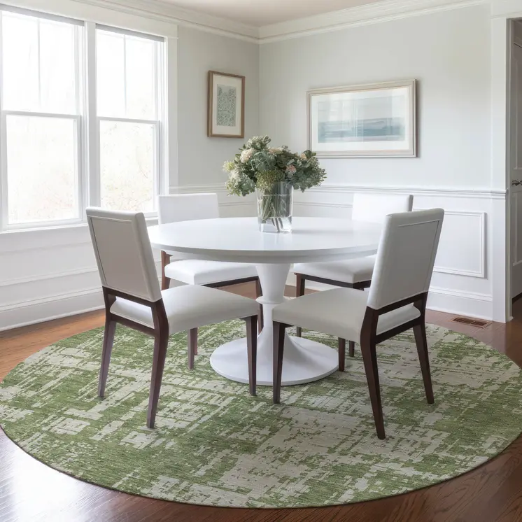 8' Green And Beige Round Abstract Washable Indoor Outdoor Area Rug