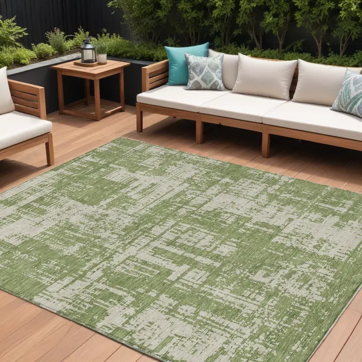 8' X 10' Green And Beige Abstract Washable Indoor Outdoor Area Rug