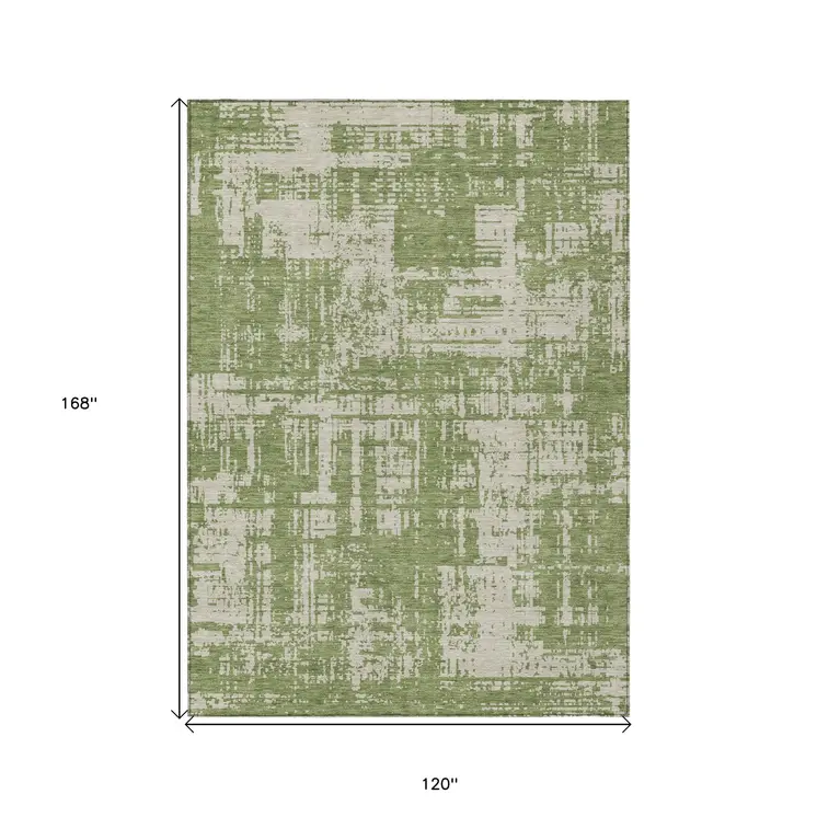 10' X 14' Green And Beige Abstract Washable Indoor Outdoor Area Rug