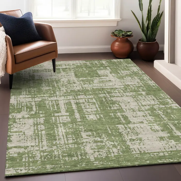 10' X 14' Green And Beige Abstract Washable Indoor Outdoor Area Rug