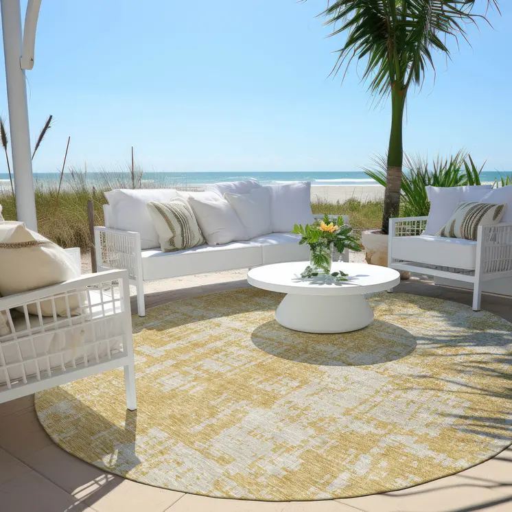 8' Gold And Gray Round Abstract Washable Indoor Outdoor Area Rug