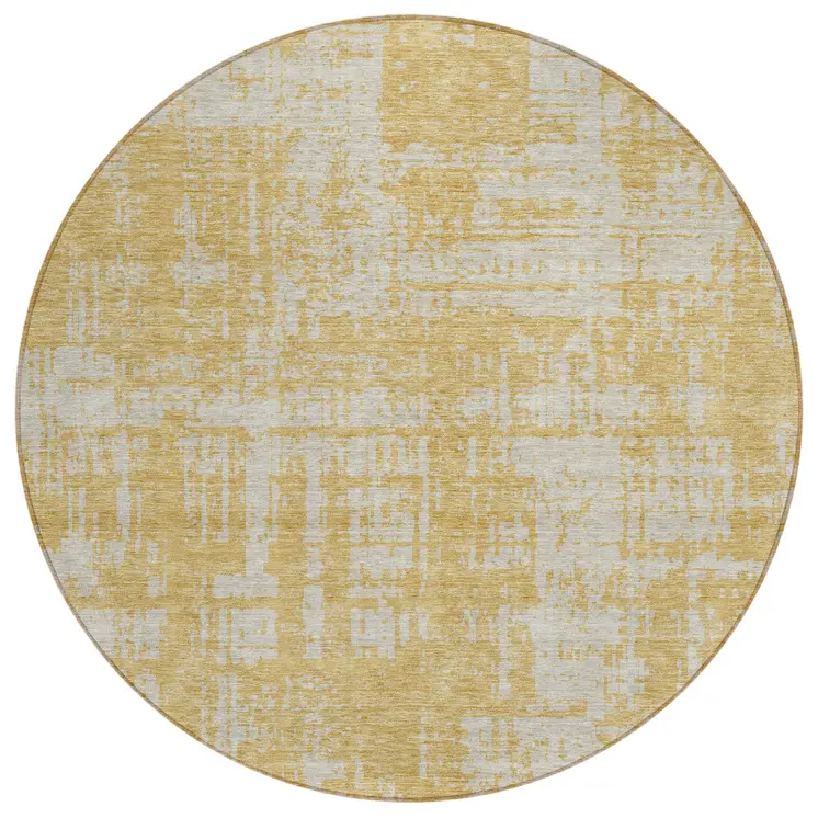 8' Gold And Gray Round Abstract Washable Indoor Outdoor Area Rug