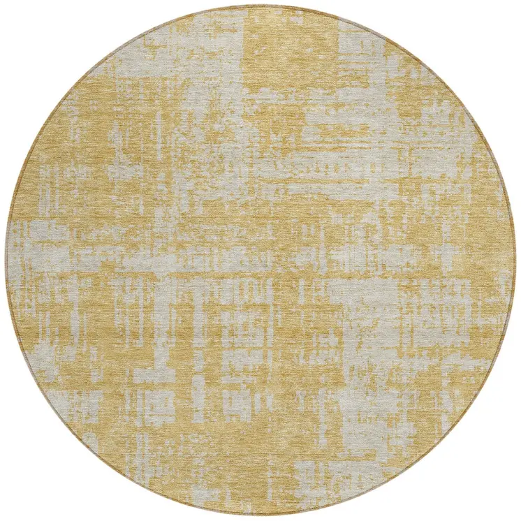 8' Gold And Gray Round Abstract Washable Indoor Outdoor Area Rug