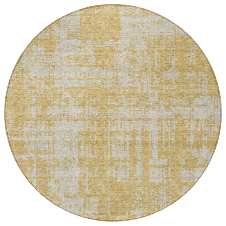 8' Gold And Gray Round Abstract Washable Indoor Outdoor Area Rug