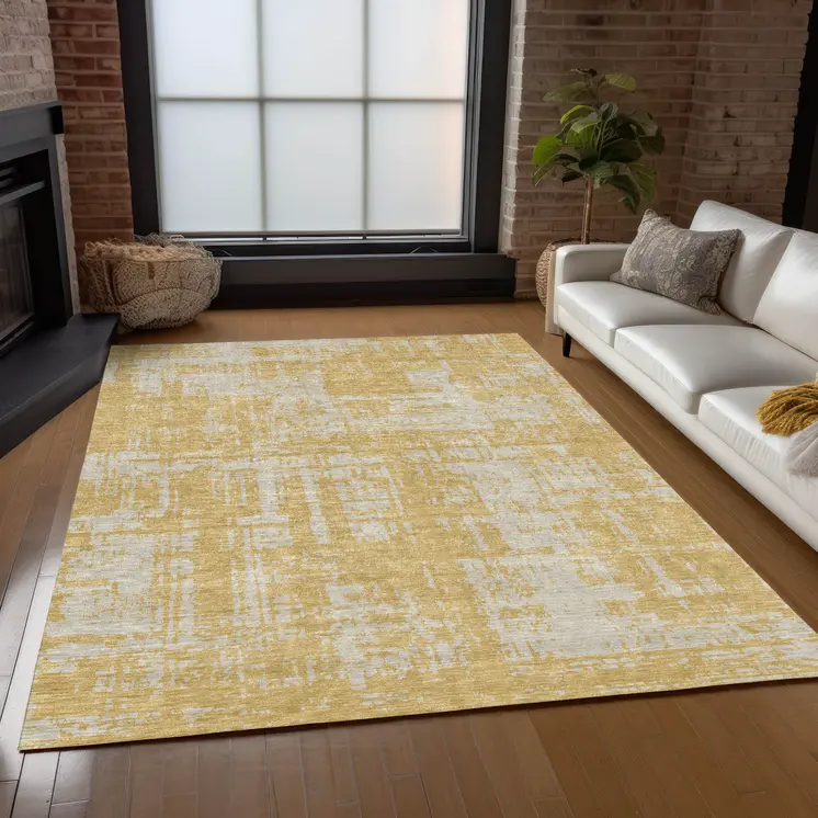 9' X 12' Gold And Gray Abstract Washable Indoor Outdoor Area Rug