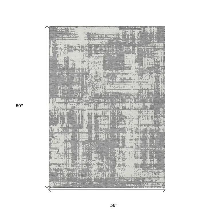 3' X 5' Gray And Ivory Abstract Washable Indoor Outdoor Area Rug