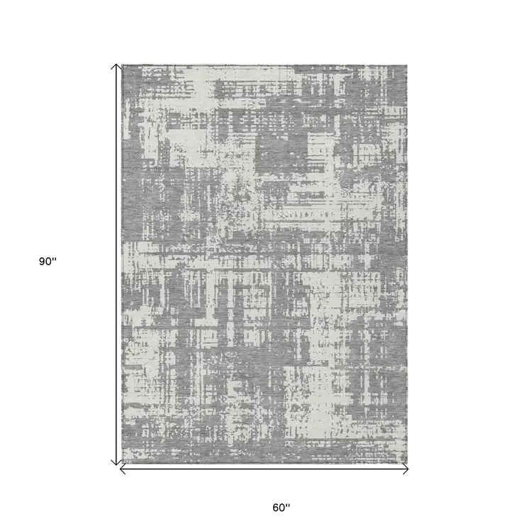 5' X 8' Gray And Ivory Abstract Washable Indoor Outdoor Area Rug