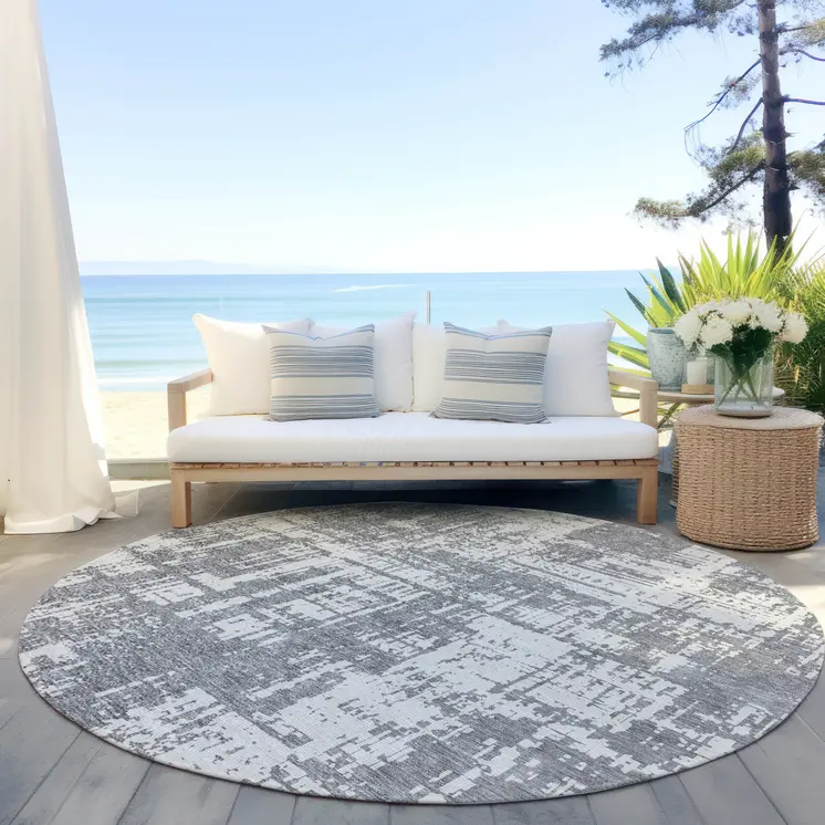 8' Gray And Ivory Round Abstract Washable Indoor Outdoor Area Rug