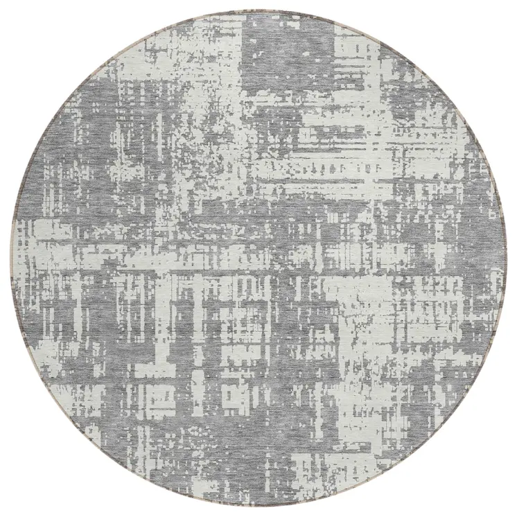 8' Gray And Ivory Round Abstract Washable Indoor Outdoor Area Rug