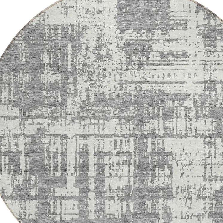 8' Gray And Ivory Round Abstract Washable Indoor Outdoor Area Rug