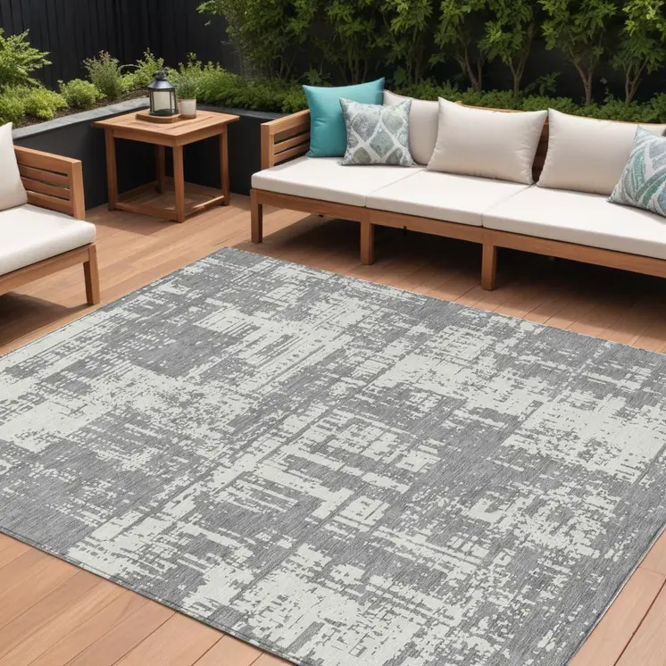 9' X 12' Gray And Ivory Abstract Washable Indoor Outdoor Area Rug