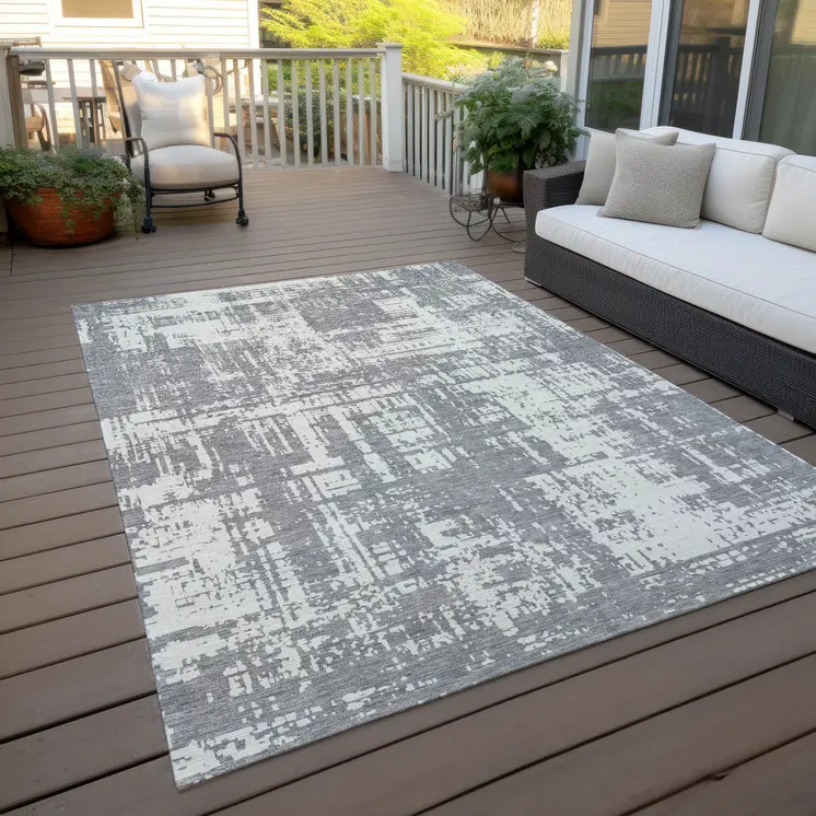 9' X 12' Gray And Ivory Abstract Washable Indoor Outdoor Area Rug