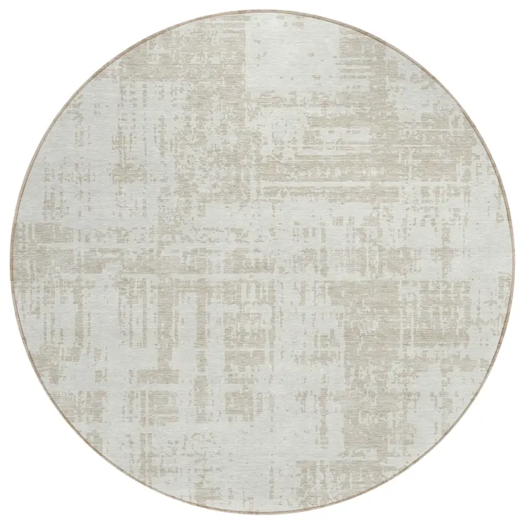 8' Ivory And Beige Round Abstract Washable Indoor Outdoor Area Rug