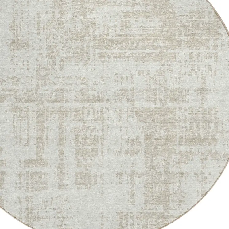 8' Ivory And Beige Round Abstract Washable Indoor Outdoor Area Rug